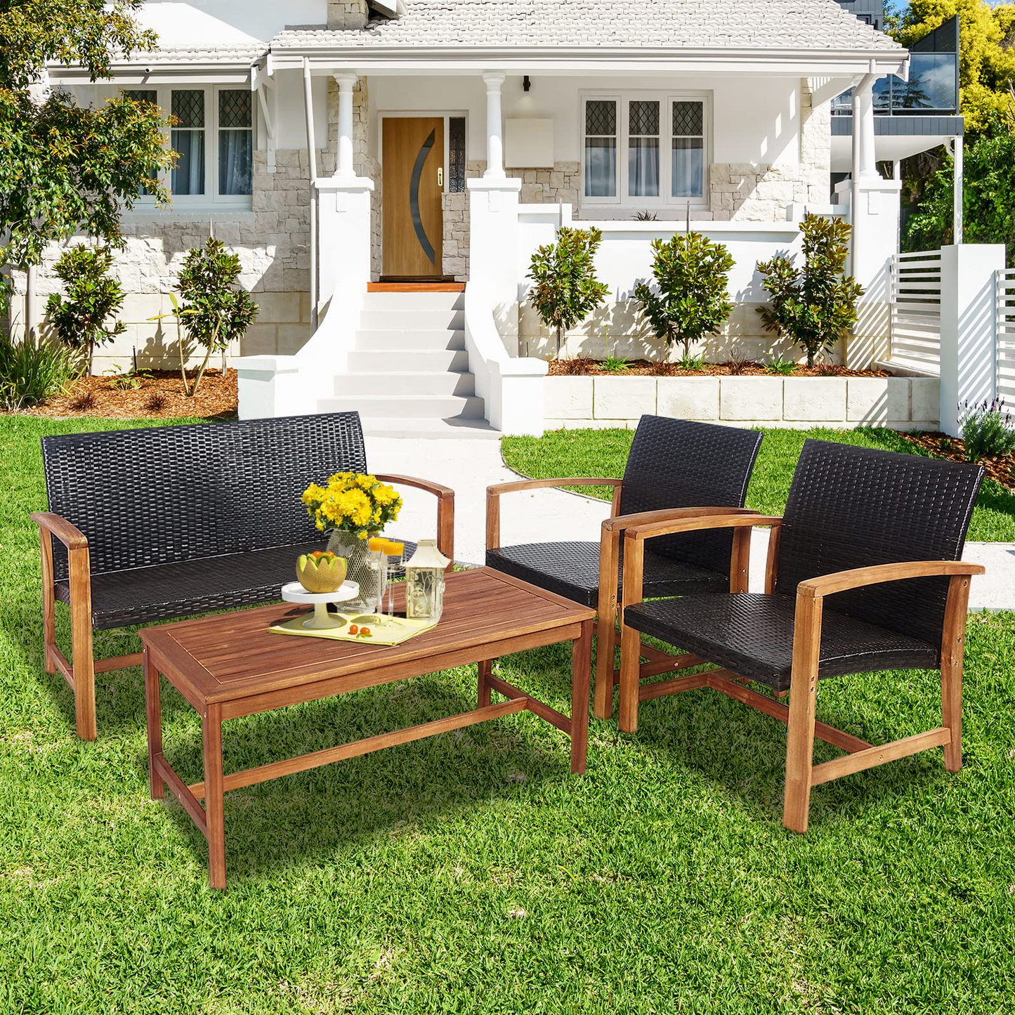 Tangkula 4-Piece PE Rattan Patio Furniture Set, Outdoor Conversation Set - HW69384-12B+HW69384-22B