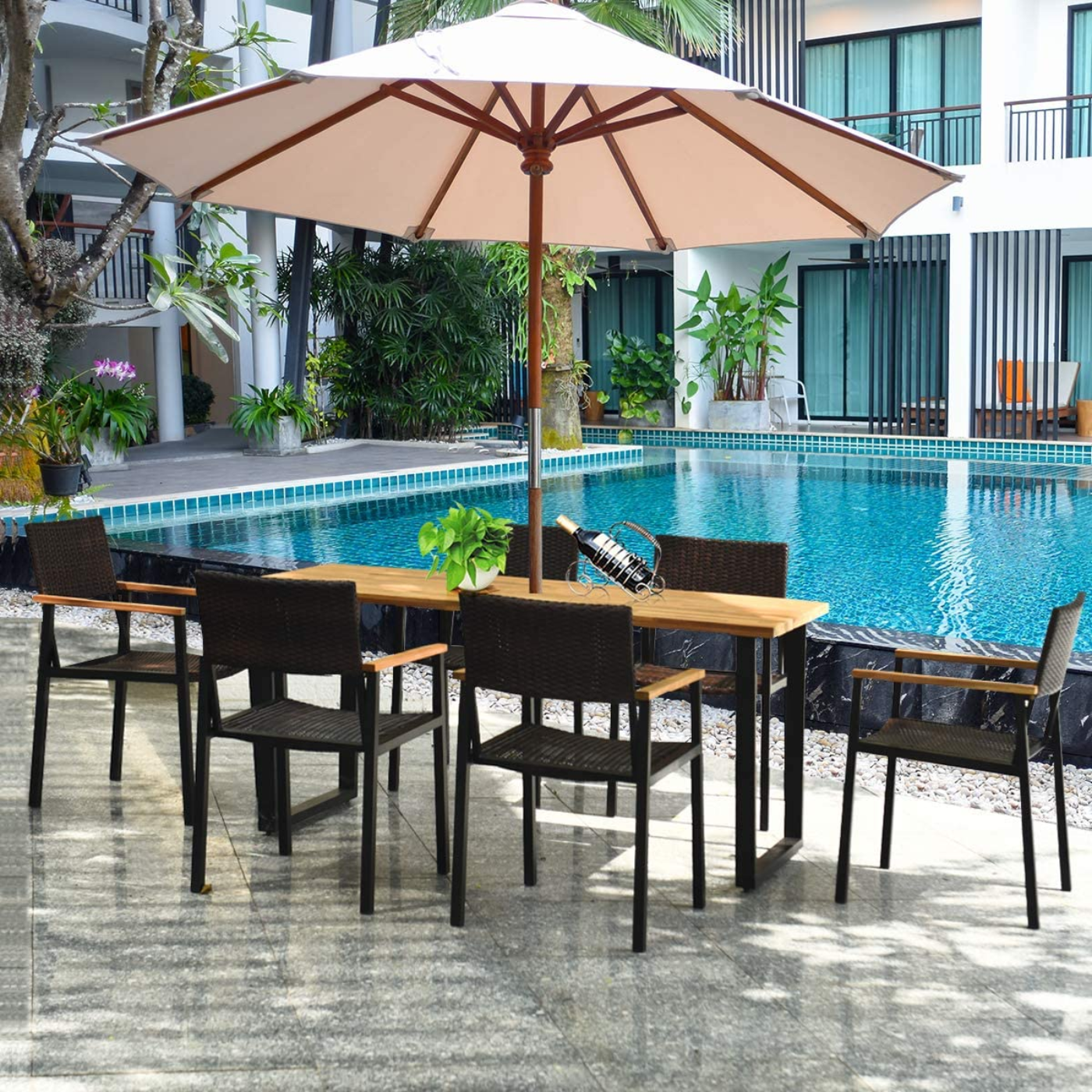 Tangkula 7 Pieces Outdoor Patio Dining Set, Patiojoy Outdoor Conversation Set - HW65219A+