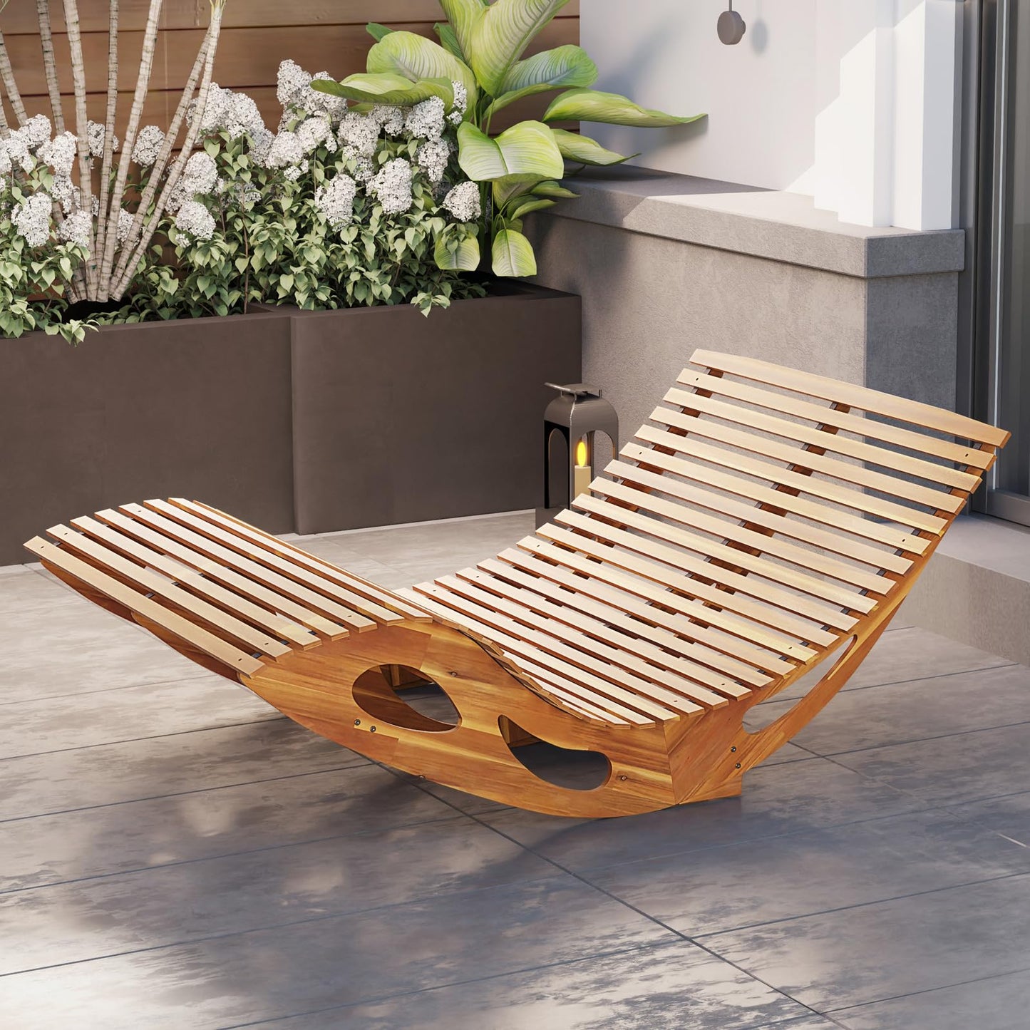 Tangkula Outdoor Double Chaise Lounge Chair, Acacia Wood Rocking Sunbed with Slatted Backrest and Seat - NP12023