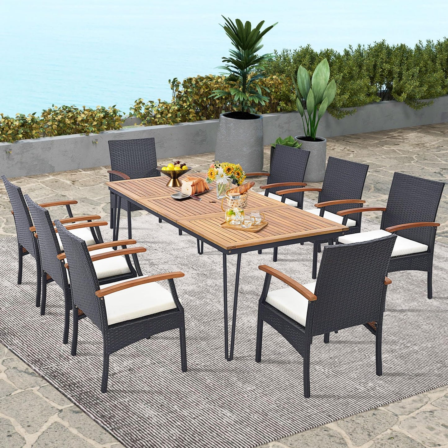 Tangkula Patio Rattan Dining Set for 8, Acacia Wood Table Top - HW71588+2*HW70831-4
