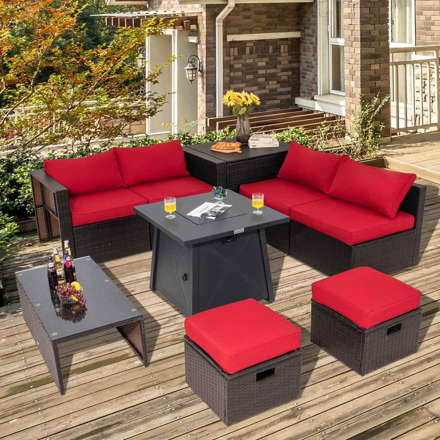 Tangkula 9 Pieces Patio Furniture Set with 30" Propane Fire Pit Table - OP70521+HW68592WH+