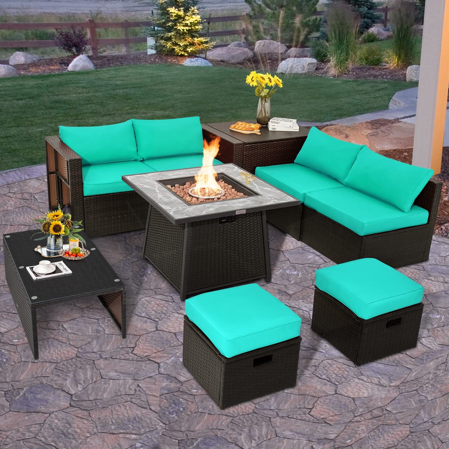 Tangkula 9 Pieces Outdoor Patio Furniture Set with 35-Inch Propane Fire Pit Table - NP10262DK+HW68592DK+