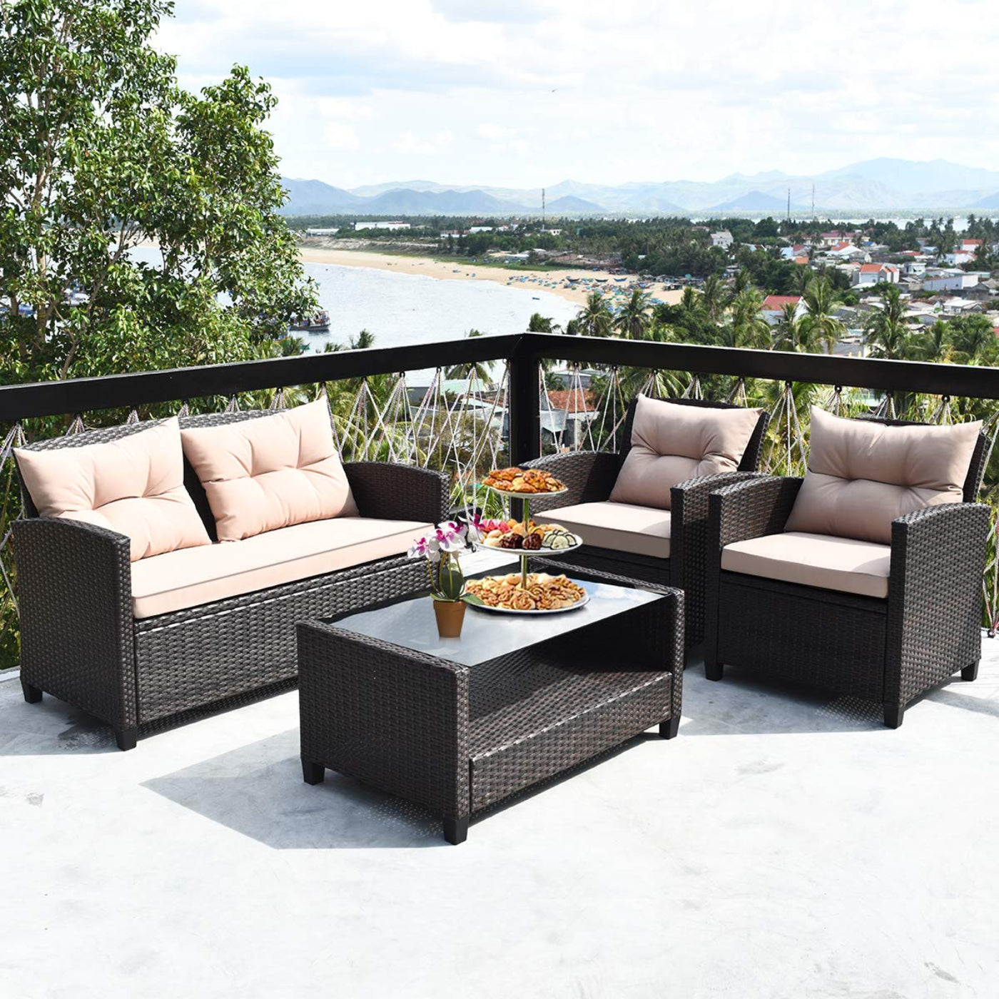 Tangkula 4-Piece Patio Furniture Set, Rattan Wicker Chair Set with 1 Loveseat, 2 Single Sofas - HW63217+