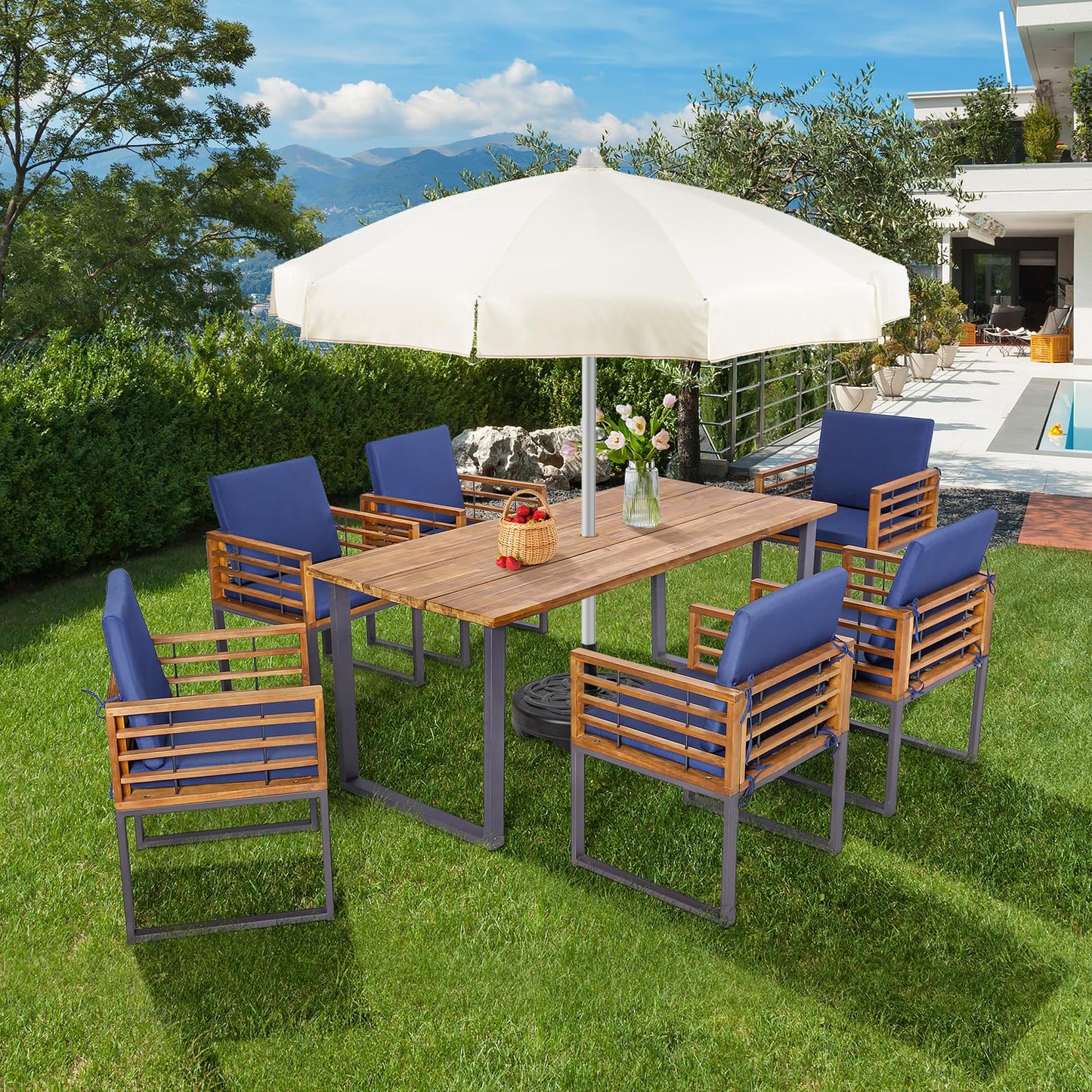 Tangkula 7 Piece Patio Dining Set, Acacia Wood Dining Chair & Table Set - HW70983NY+