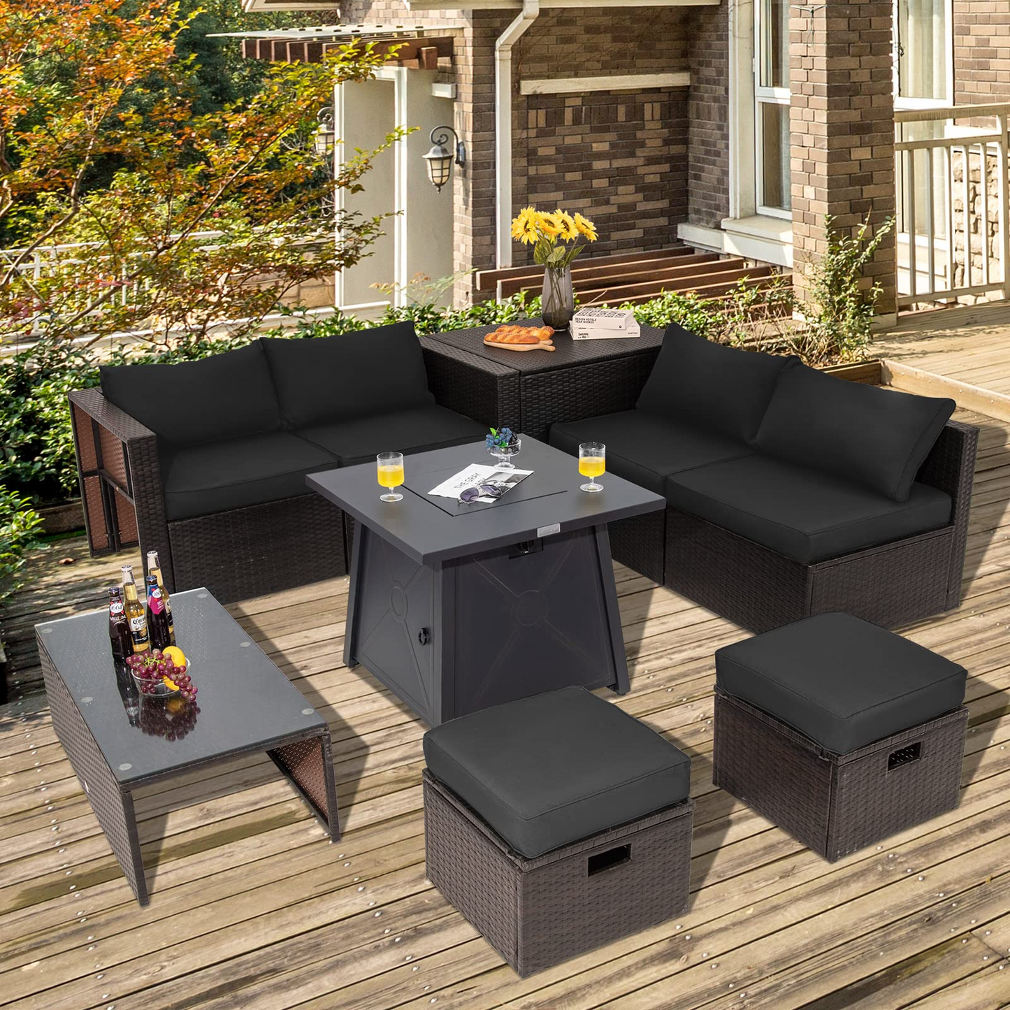 Tangkula 9 Pieces Patio Furniture Set with 30" Propane Fire Pit Table - OP70521+HW68592WH+