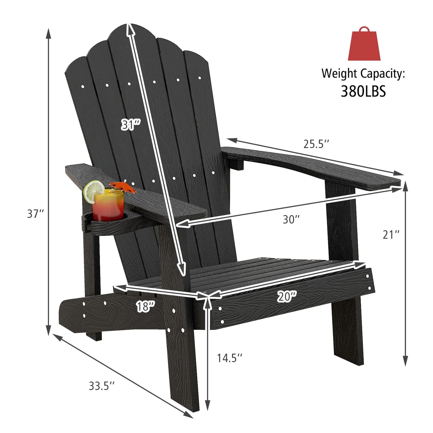 Tangkula Oversized Adirondack Chair, Patio Lounge Chairs w/Adjustable Cup Holder - NP10983BK