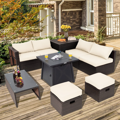 Tangkula 9 Pieces Patio Furniture Set with 30" Propane Fire Pit Table - OP70521+HW68592WH+