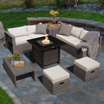 Tangkula 9 Pieces Outdoor Patio Furniture Set with 32-Inch Propane Fire Pit Table - NP10618GR+HW68604DK+