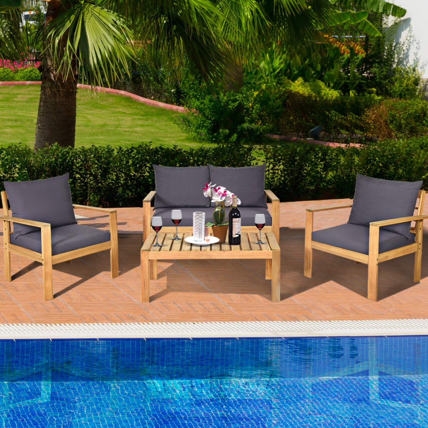 Tangkula Outdoor Conversation Sofa and Table Set with Water Resistant Cushions - HW64146+