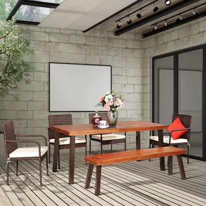 Tangkula 6-Piece Acacia Wood Patio Dining Set, Patiojoy Outdoor Wicker Furniture Set - JV10606+HW66354+HW69382