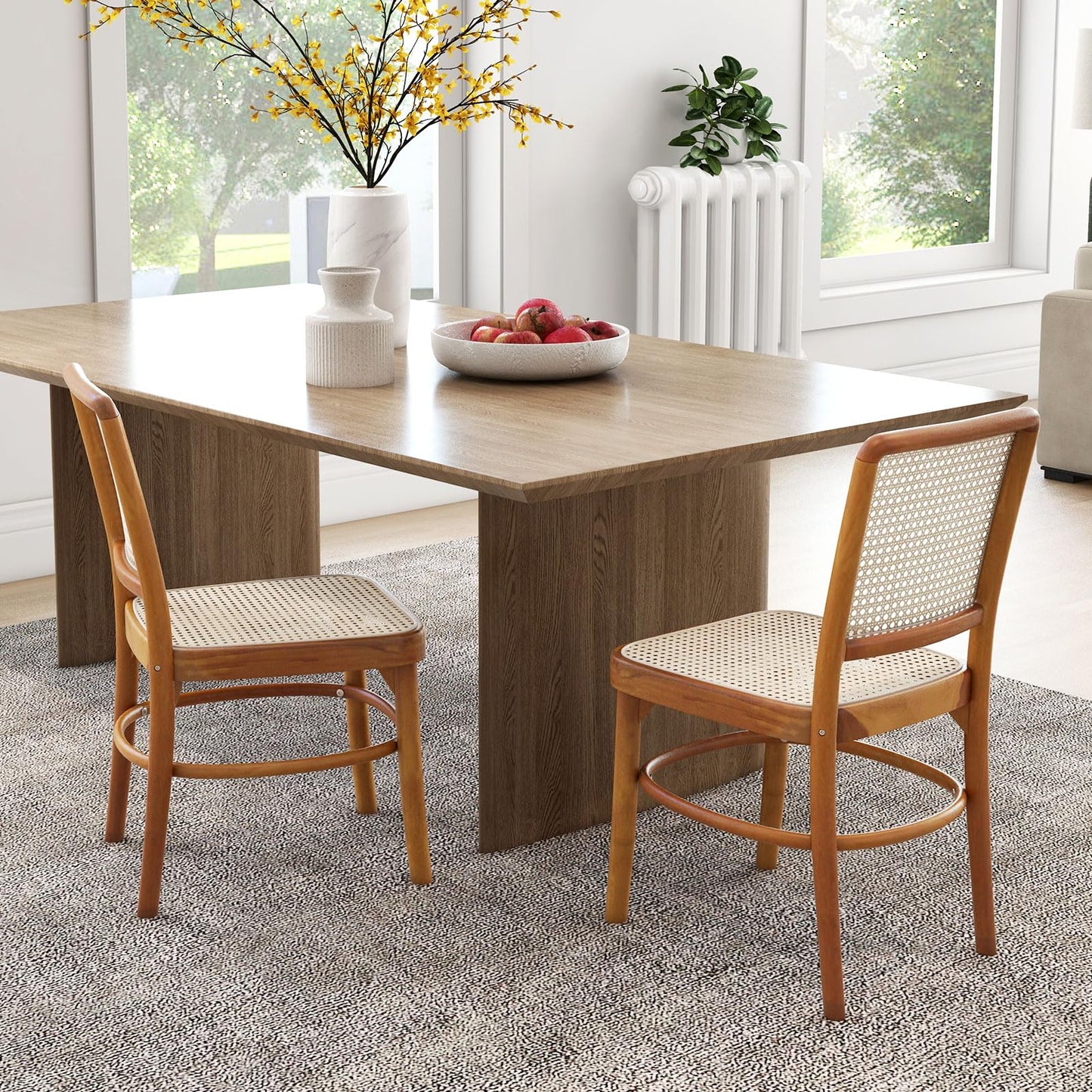 Tangkula Boho Dining Chairs, Natural Rattan Living Room Chairs with Teak Wood Structure & Footrests - JV11895