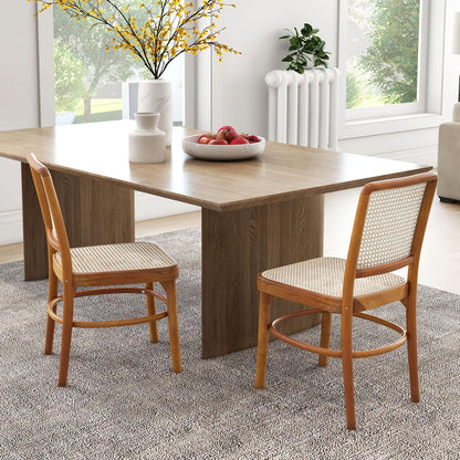 Tangkula Boho Dining Chairs, Natural Rattan Living Room Chairs with Teak Wood Structure & Footrests - JV11895