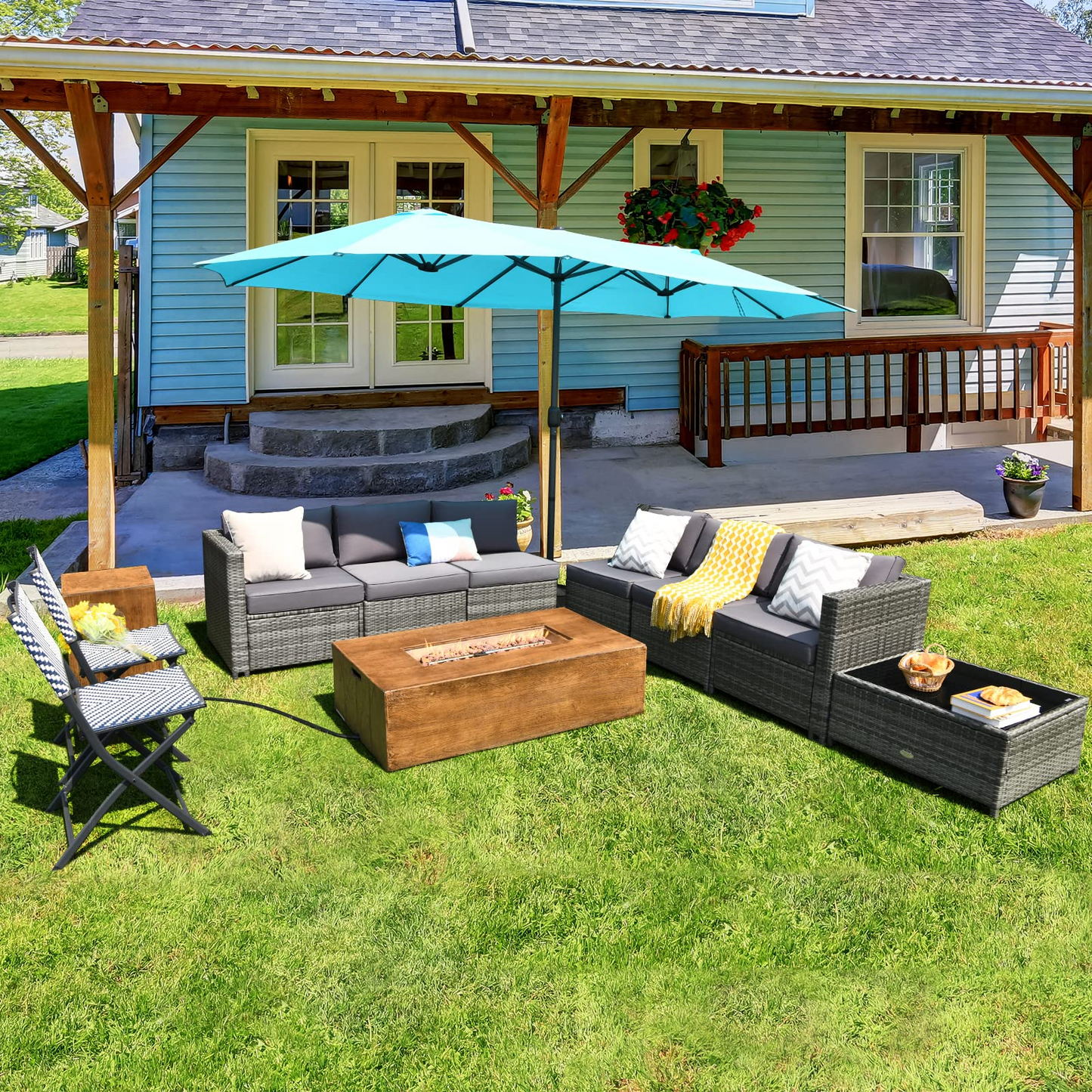 Tangkula 10 Pieces Patio Rattan Conversation Set, Patiojoy Outdoor Wicker Furniture Set - OP70343-A+OP70343-B+HW65782AGR+