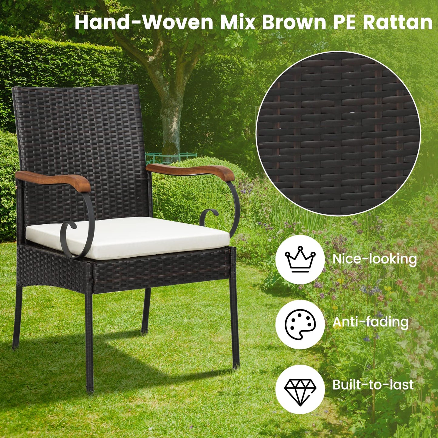 Tangkula Outdoor Wicker Chair & Dining Table Set, Acacia Wood Tabletop & Armrests, 2” Umbrella Hole - HW70833-4+HW70840