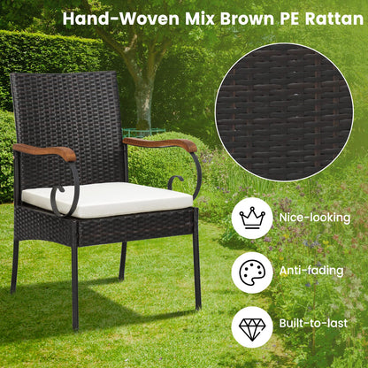 Tangkula Outdoor Wicker Chair & Dining Table Set, Acacia Wood Tabletop & Armrests, 2” Umbrella Hole - HW70833-4+HW70840