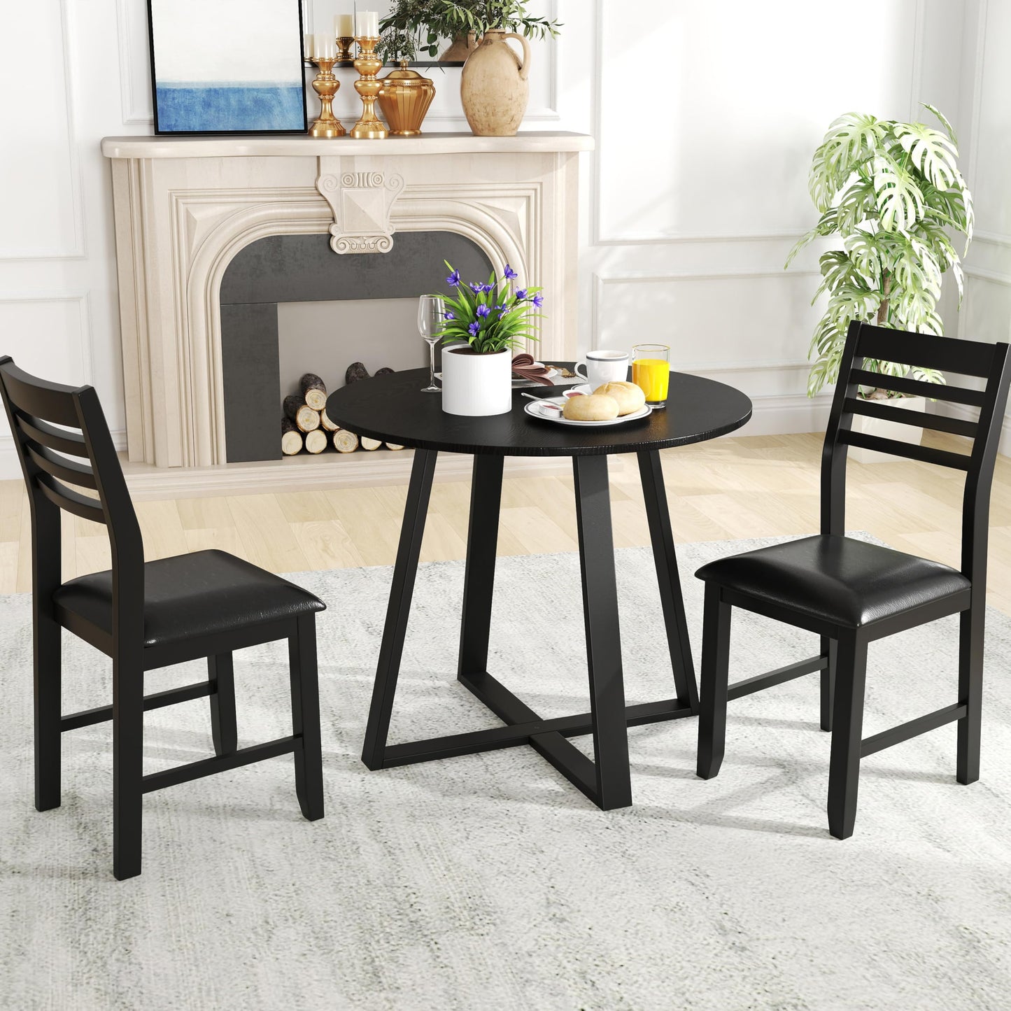 Tangkula Round Dining Table Set , Dinette Set with Table and Padded PU Chairs - KC57274BK+KC57108BK