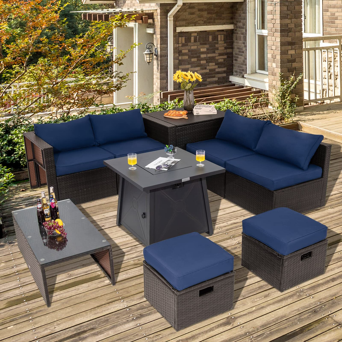 Tangkula 9 Pieces Patio Furniture Set with 30" Propane Fire Pit Table - OP70521+HW68592WH+