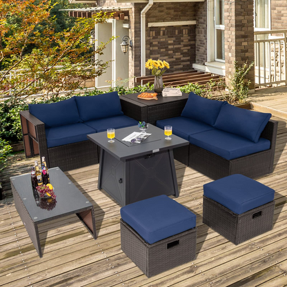 Tangkula 9 Pieces Patio Furniture Set with 30" Propane Fire Pit Table - OP70521+HW68592WH+