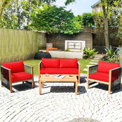 Tangkula Outdoor Wood Furniture Set, Acacia Wood Frame Loveseat Sofa, 2 Single Chairs and Coffee Table - HW63868RE