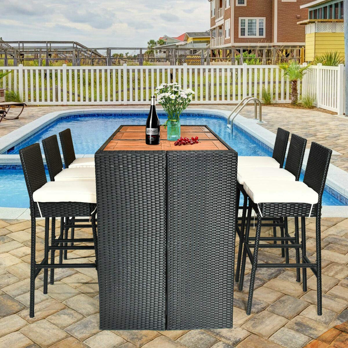 Tangkula 7 Pieces Outdoor Wicker Bar Set, Rattan Dining Set - HW63219+