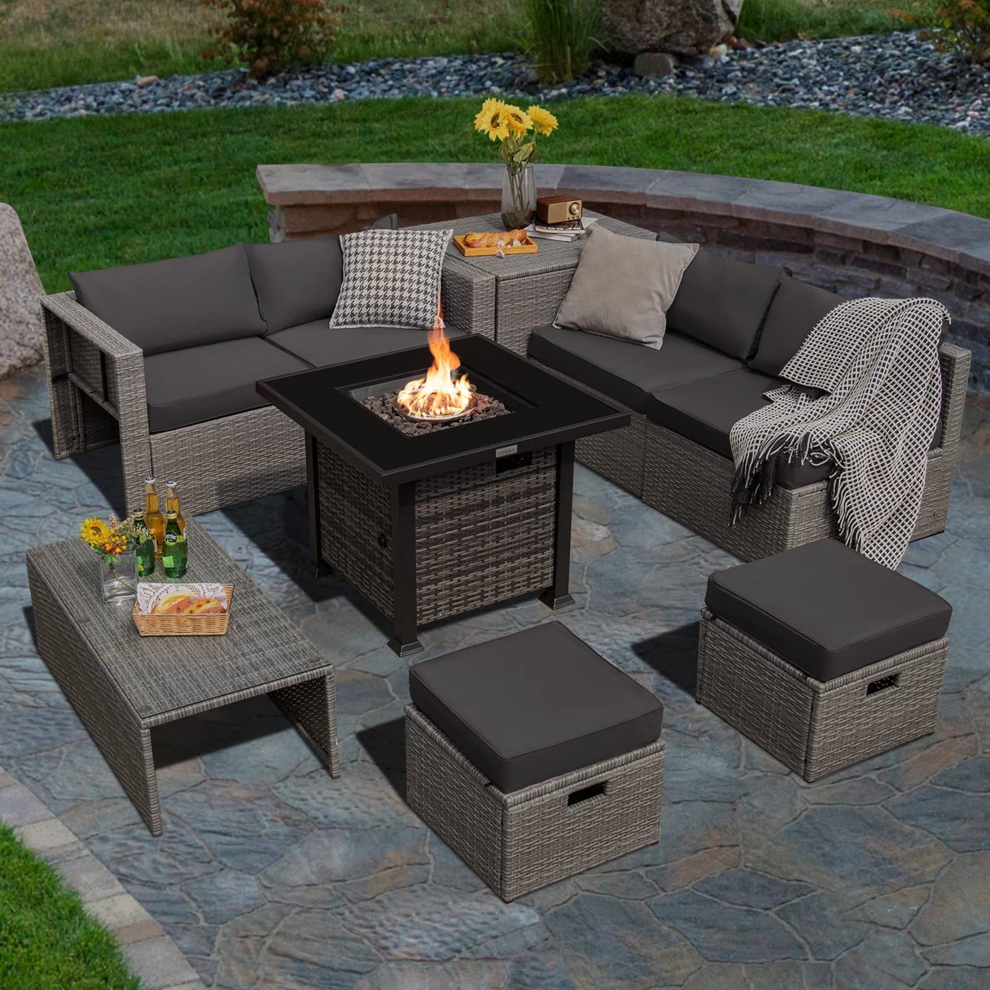 Tangkula 9 Pieces Outdoor Patio Furniture Set with 32-Inch Propane Fire Pit Table - NP10618GR+HW68604DK+