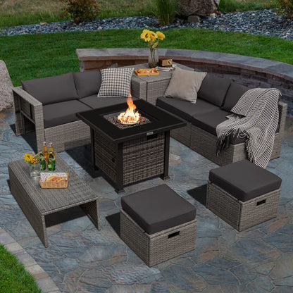 Tangkula 9 Pieces Outdoor Patio Furniture Set with 32-Inch Propane Fire Pit Table - NP10618GR+HW68604DK+