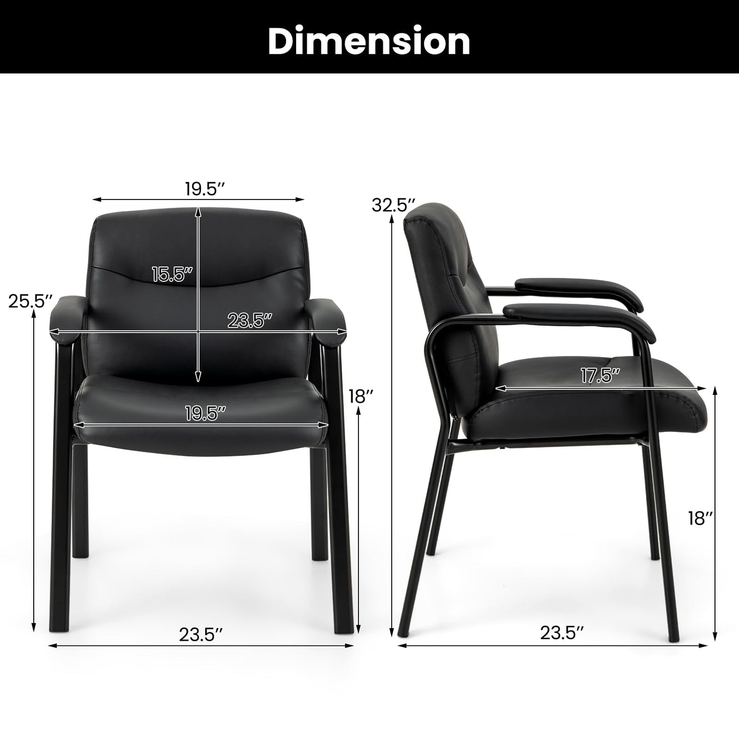 Tangkula Waiting Room Chairs, Upholstered PU Leather Conference Room Chairs with Padded Armrests, Black - CB10598DK-2
