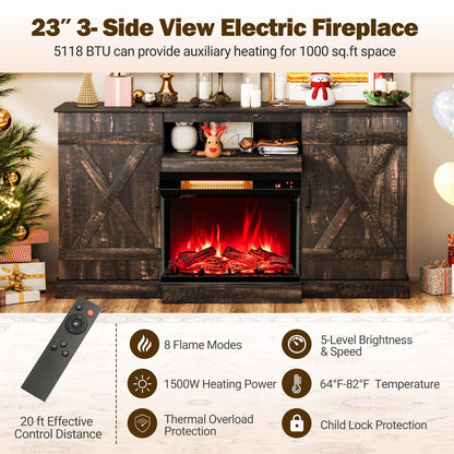 Tangkula 58” Fireplace TV Stand with 23” 3-Side Glass Electric Fireplace - HV10482CF+FP10806US-BK