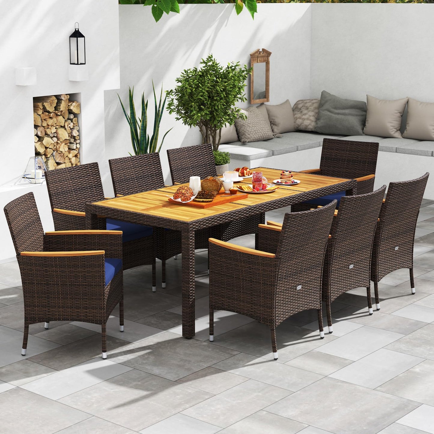 Tangkula 9 Pieces Patio PE Wicker Dining Set - HW73184WH+