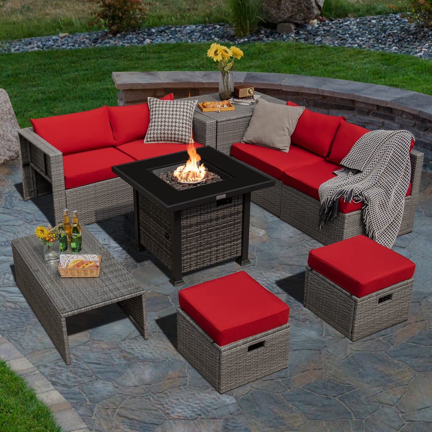 Tangkula 9 Pieces Outdoor Patio Furniture Set with 32-Inch Propane Fire Pit Table - NP10618GR+HW68604DK+