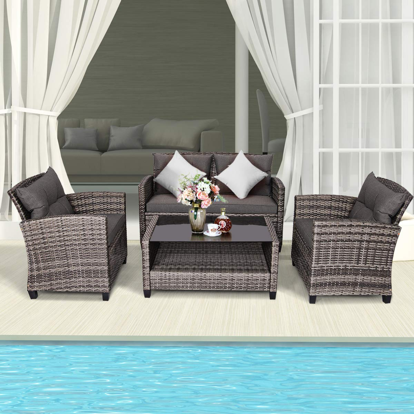 Tangkula Patio Wicker Conversation Furniture Set - HW65630+