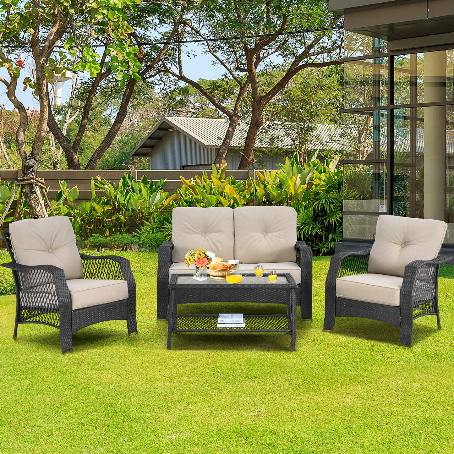 Tangkula 4 Pieces Outdoor Patio Furniture Set, Patiojoy PE Wicker Conversation Sofa Set with Tempered Glass Coffee Table - NP10087WL-BE