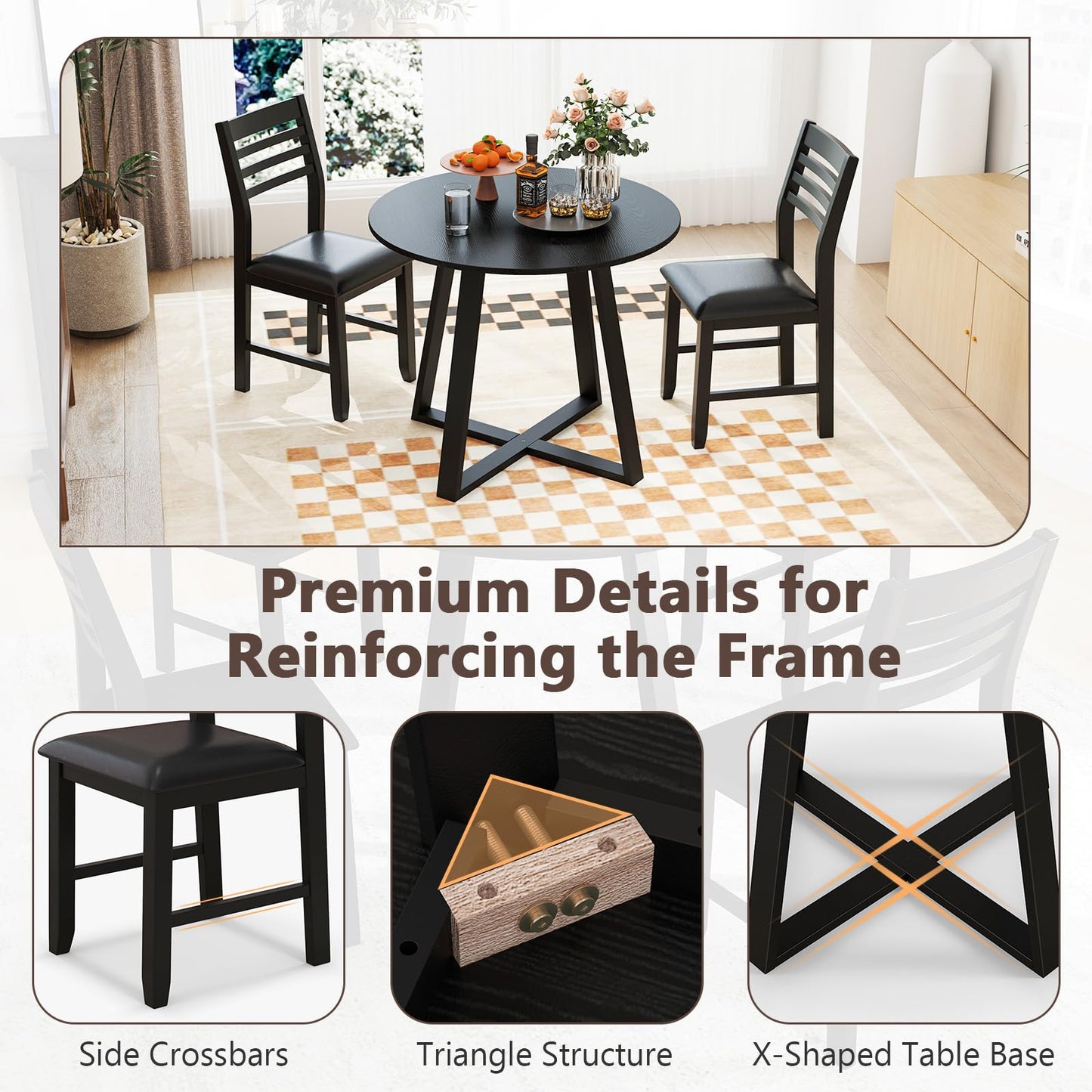 Tangkula Round Dining Table Set , Dinette Set with Table and Padded PU Chairs - KC57274BK+KC57108BK