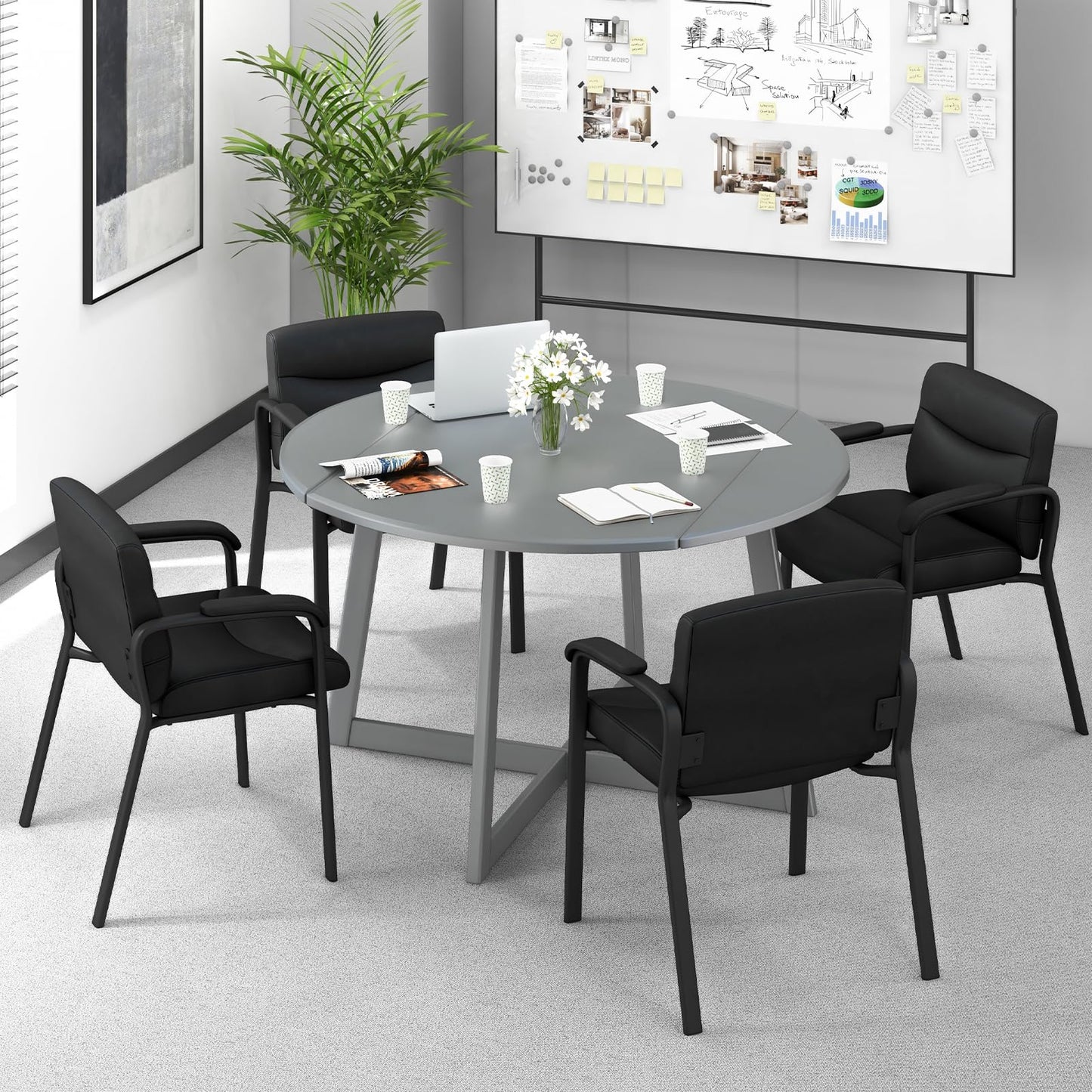 Tangkula Waiting Room Chairs, Upholstered PU Leather Conference Room Chairs with Padded Armrests, Black - CB10598DK-2