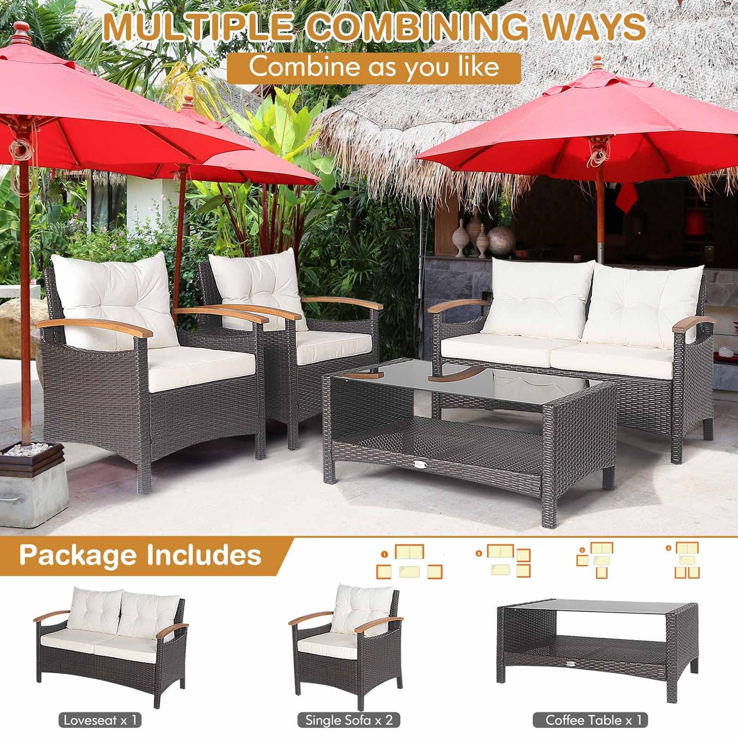 Tangkula 4 Piece Patio Rattan Conversation Set, Outdoor Wicker Sofa Set W/2-Layer Coffee Table - HW69469WH+