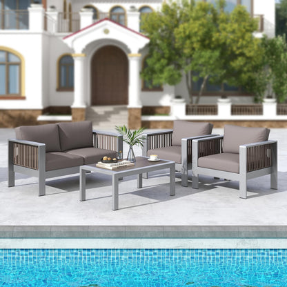 Tangkula Patio Aluminum Loveseat Sofa, Outdoor Furniture Set with Thick Back & Seat Cushions (Gray) - NP11417GR
