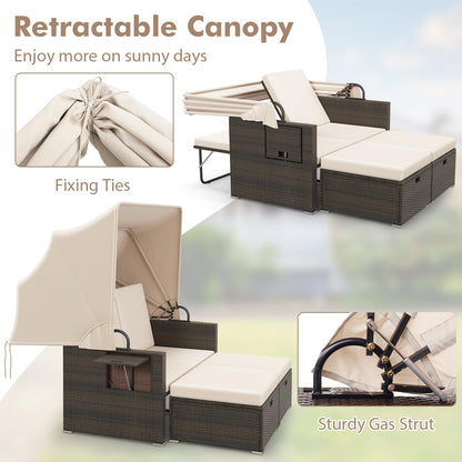 Tangkula Outdoor Patio Rattan Daybed w/Retractable Canopy & Adjustable Backrests - HW72573BN+