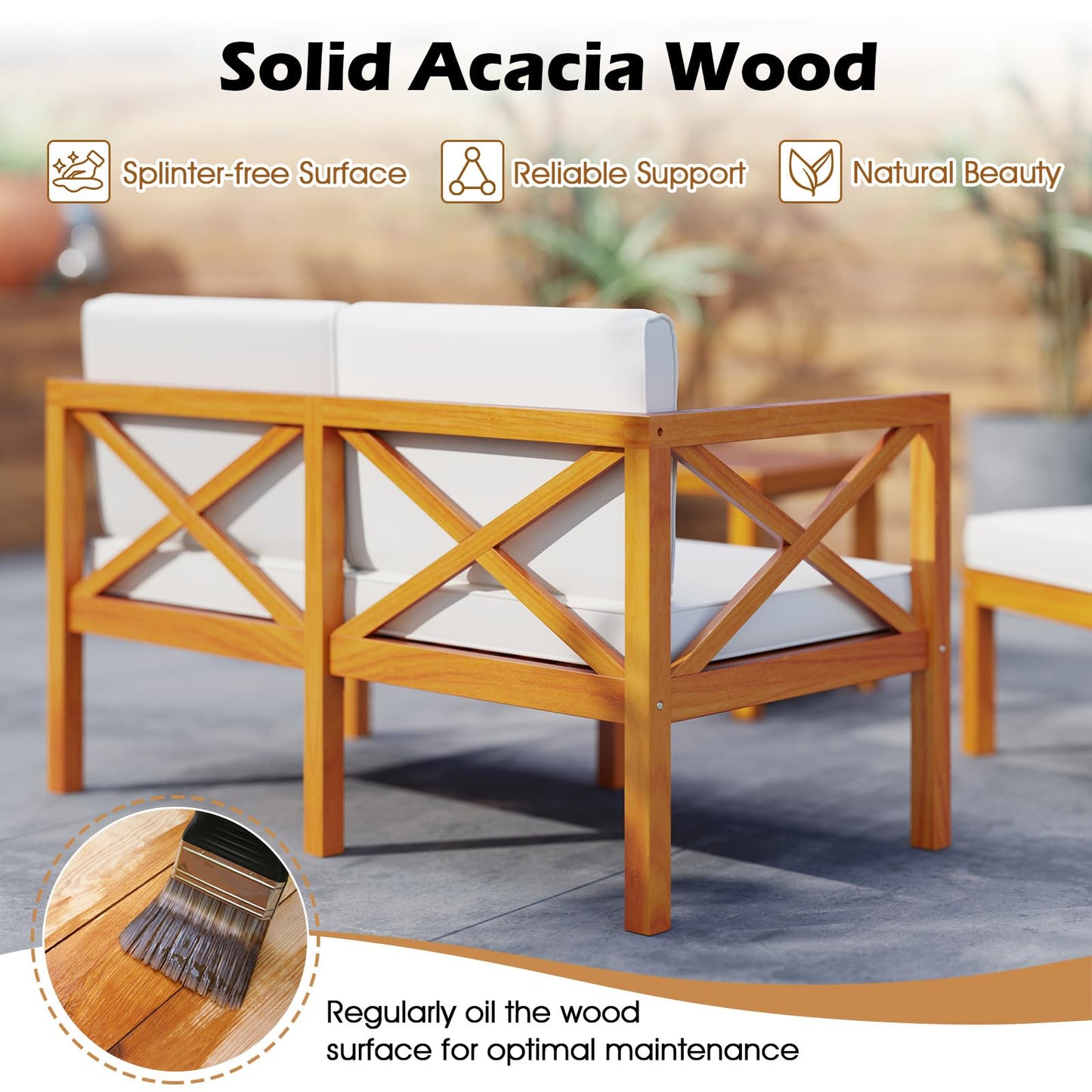 Tangkula 5 Pieces Acacia Wood Patio Chaise Lounge Chair Set with Ottomans and Cushions - HW72989WH+