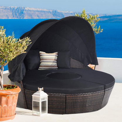 Tangkula Patio Round Daybed with Retractable Canopy, Outdoor Wicker Rattan Furniture Sets - HW63763+
