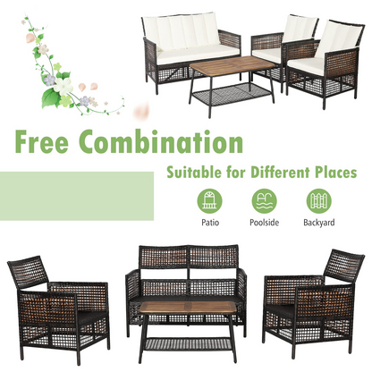 Tangkula Outdoor PE Wicker Conversation Set with 2-Tier Coffee Table - HW70242WH+