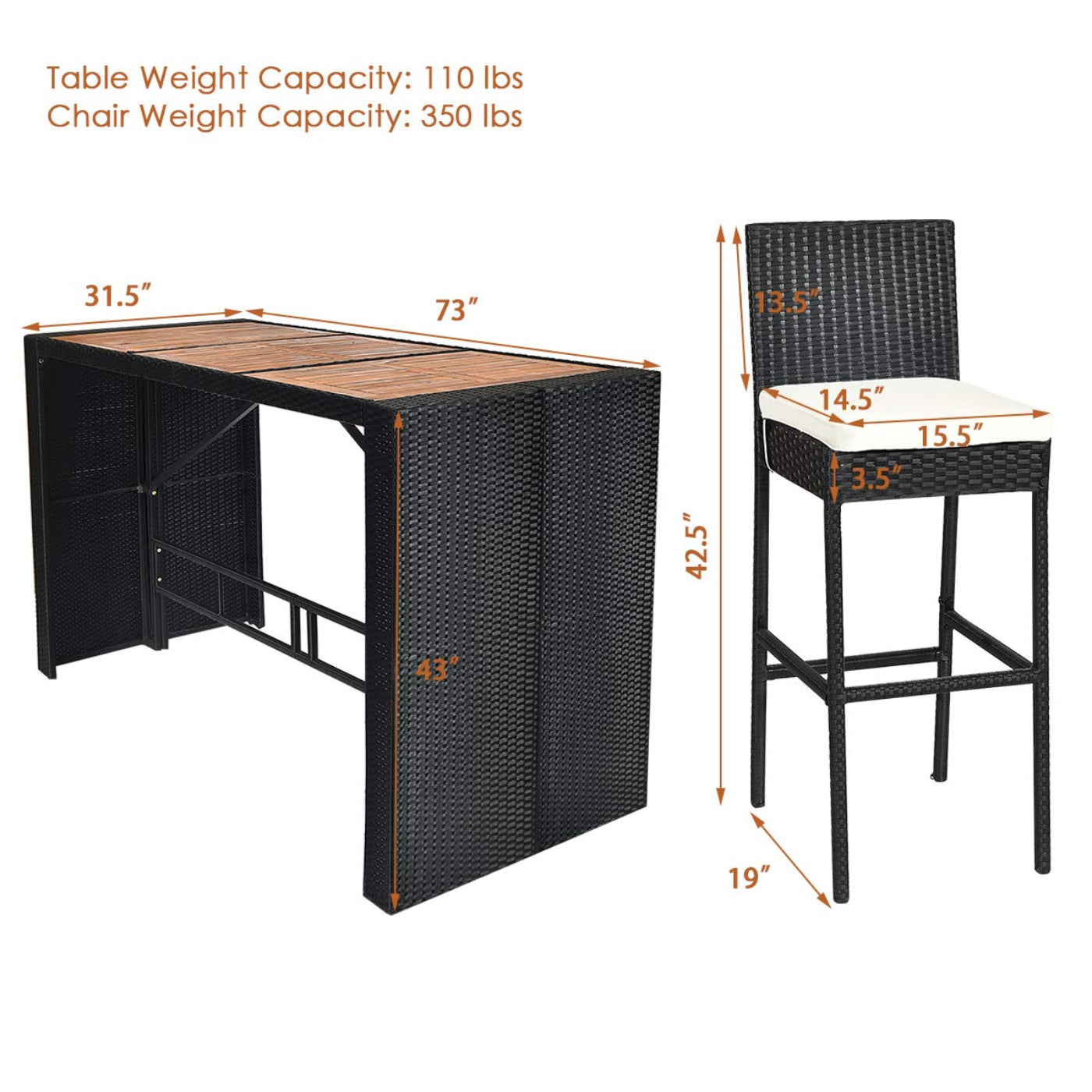 Tangkula 7 Pieces Outdoor Wicker Bar Set, Rattan Dining Set - HW63219+