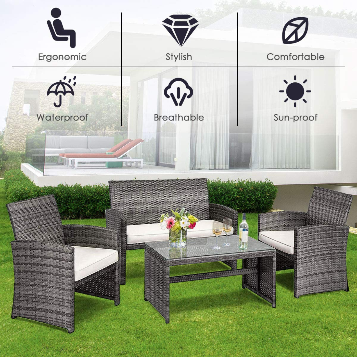Tangkula 4/8 PCS Wicker Patio Conversation Set, Outdoor Rattan Sofas with Table Set - HW63238WH
