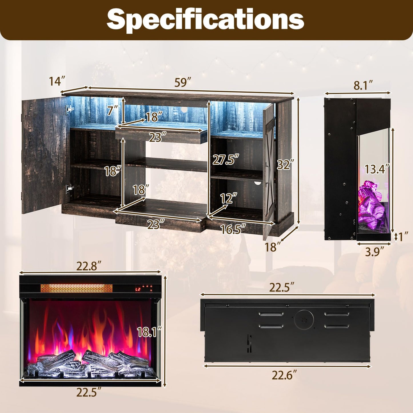 Tangkula 58” Fireplace TV Stand with 23” 3-Side Glass Electric Fireplace - HV10482CF+FP10806US-BK