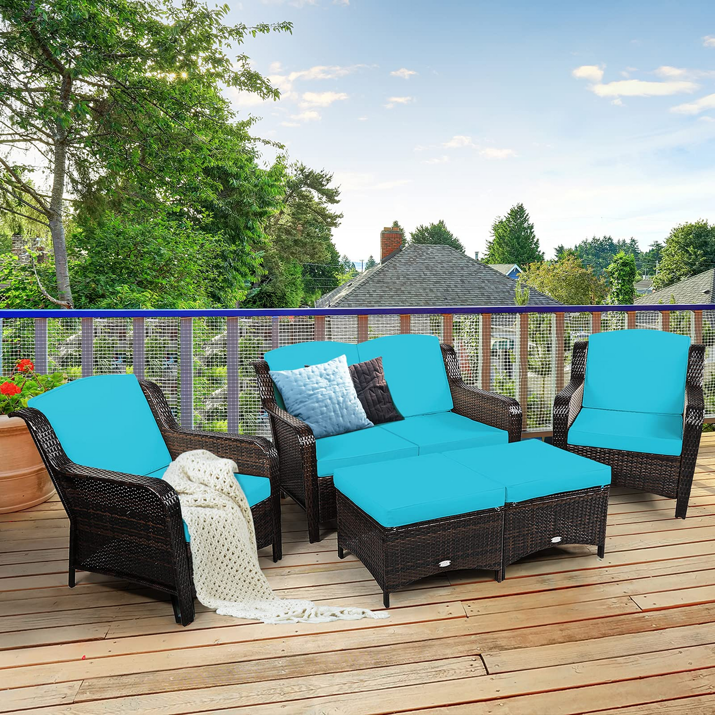 Tangkula 5 Pieces Patio Furniture Set, Outdoor Rattan Conversation Sofa Set with Loveseat - HW67702TU+