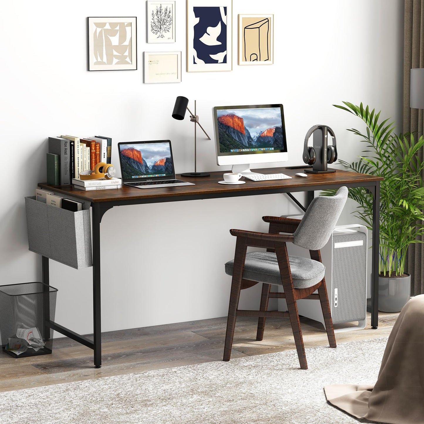 Tangkula 60” Large Computer Desk with Charging Station, Modern Simple Study Writing Desk with Storage Bag - 4*JV11154US-CF