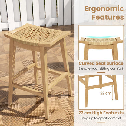 Tangkula Teak Wood Bar Stool, 29” Patio Rattan Barstool with Footrest & Saddle Seat - JV11905