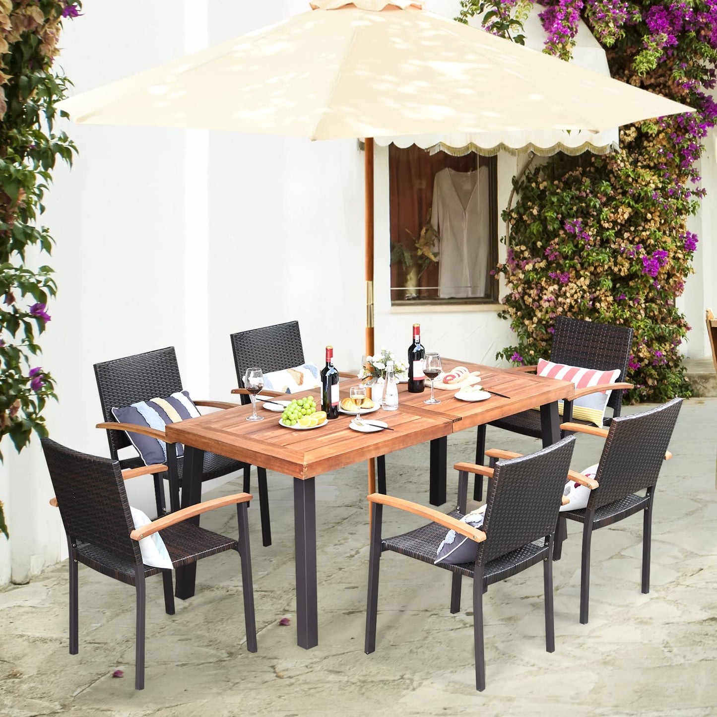 Tangkula 7-Piece Wicker Patio Dining Set, Patiojoy Outdoor Rattan Garden Yard Furniture Set - HW66354+OP70689+OP70690