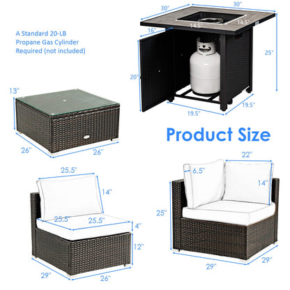 Tangkula 6 Piece Outdoor Rattan Sofa Set with 30in Propane Gas Fire Table - OP70520+HW68691ADK+