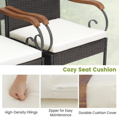 Tangkula Outdoor Wicker Chair & Dining Table Set, Acacia Wood Tabletop & Armrests, 2” Umbrella Hole - HW70833-4+HW70840