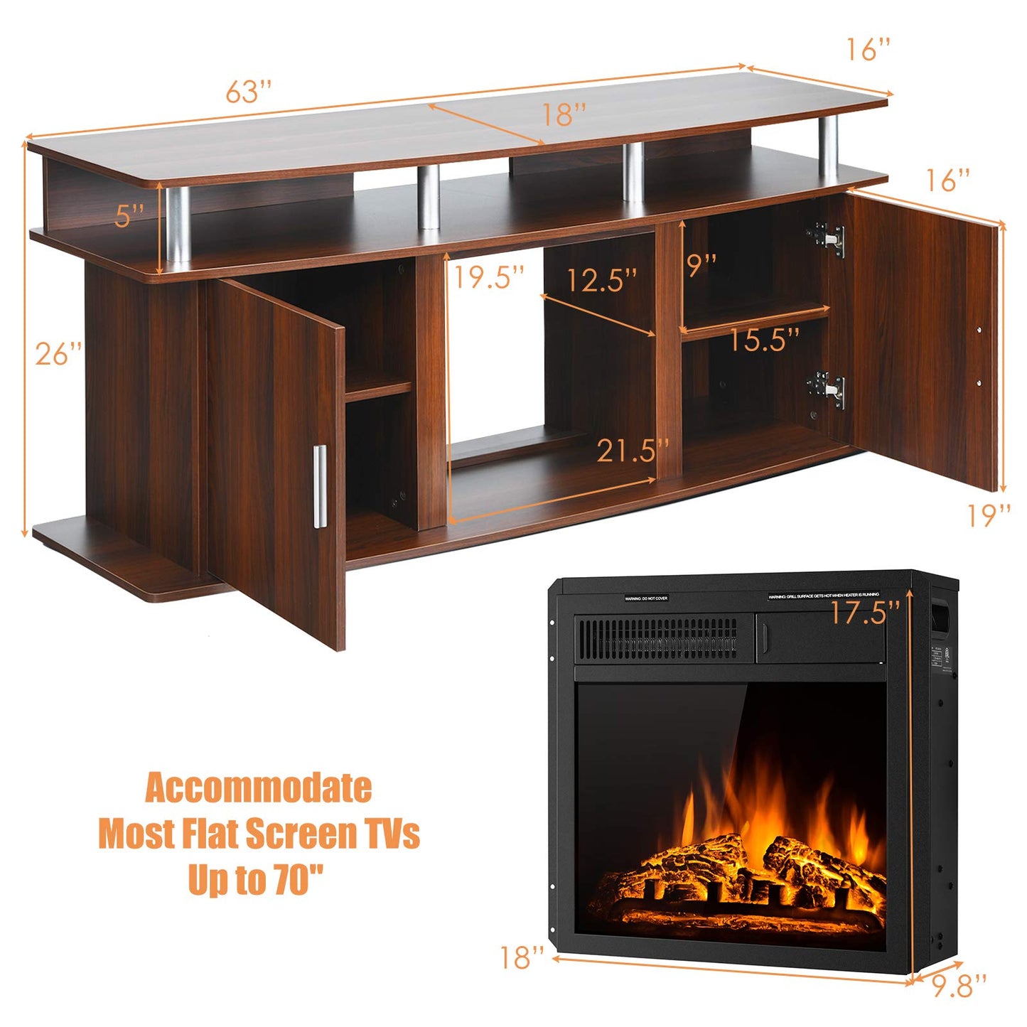 Tangkula Fireplace TV Stand, Living Room Media Console Table - HW66558CF+EP24789